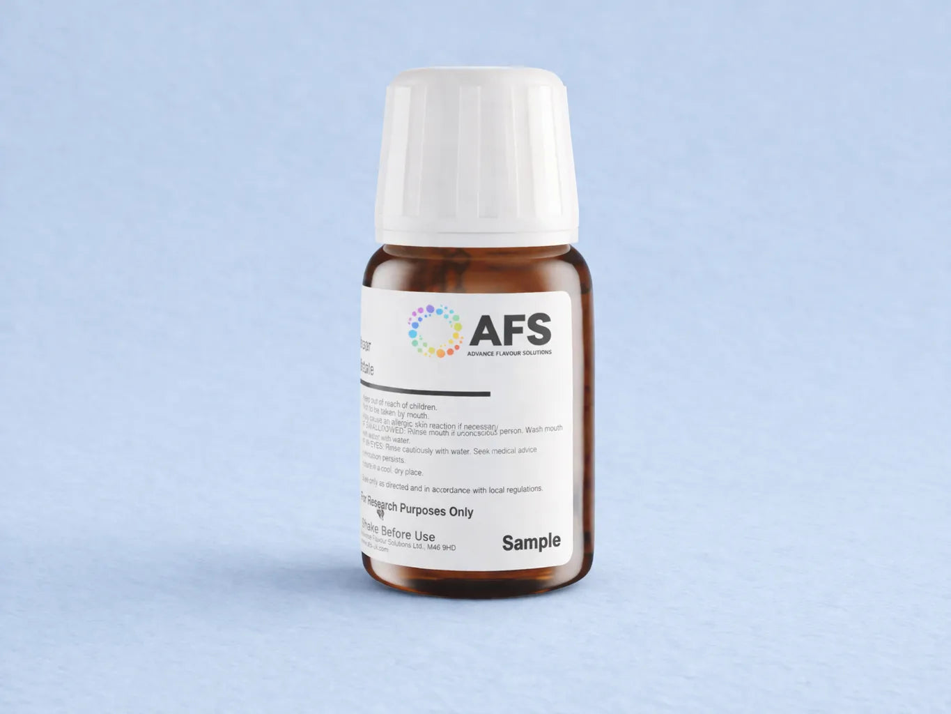 Bottle with AFS label on a light blue background