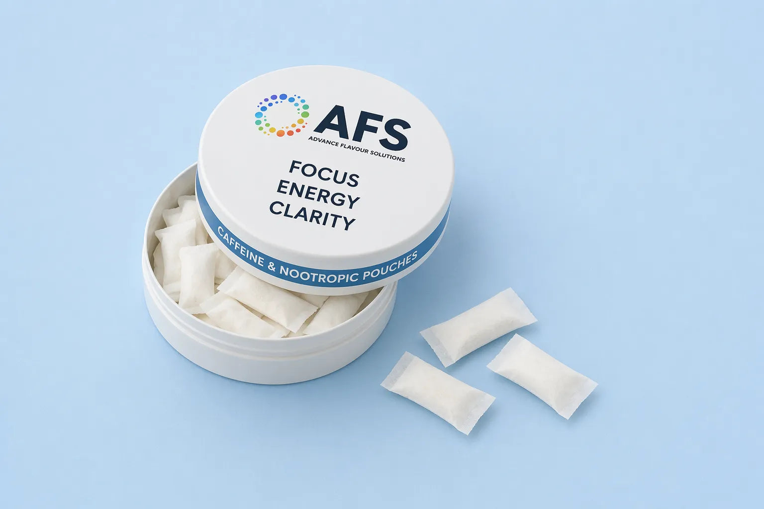 AFS focus energy clarity product with packaging on a light blue background