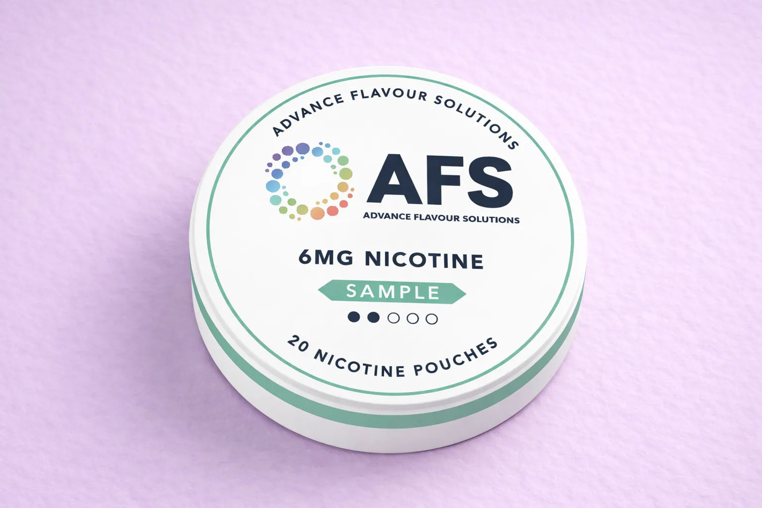 Nicotine Pouch Tin labelled 'AFS' with nicotine information on a light purple background