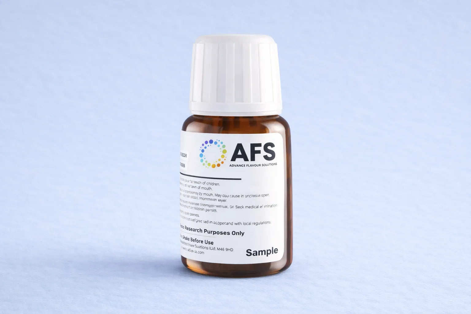 Bottle with AFS label on a light blue background