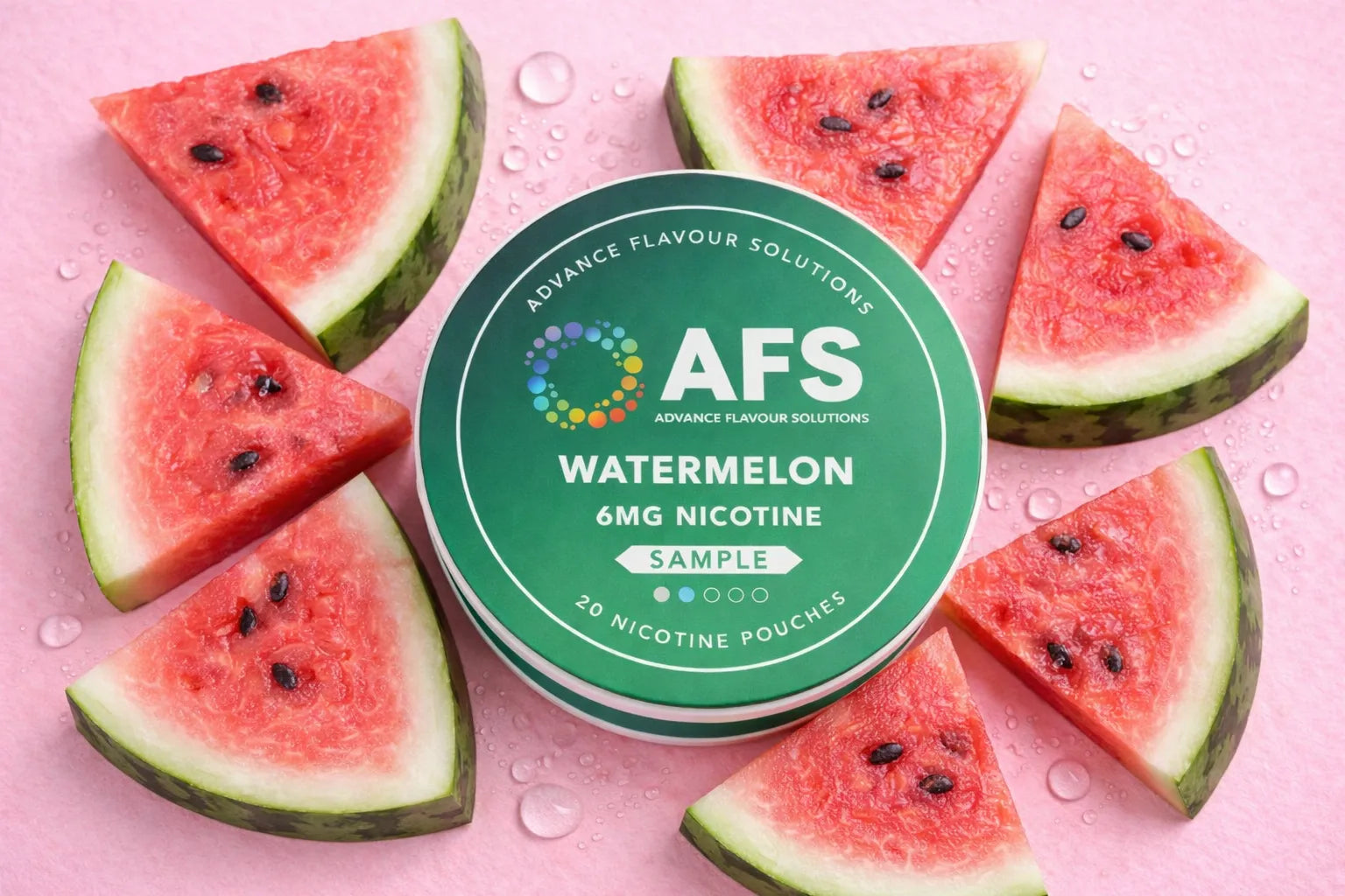 AFS watermelon nicotine pouches with watermelon slices on a pink background