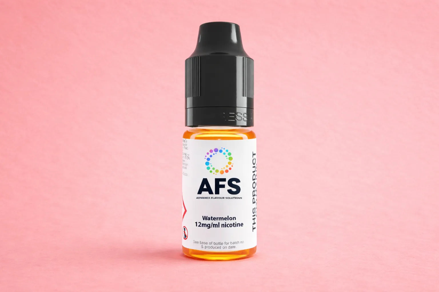 Bottle of AFS e-liquid on a pink background