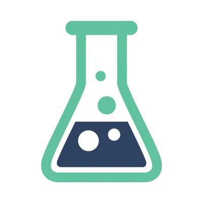 Icon of a beaker with a green outline on a white background