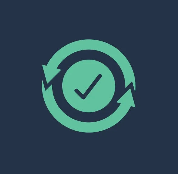 Green check mark within a circular arrow on a dark blue background
