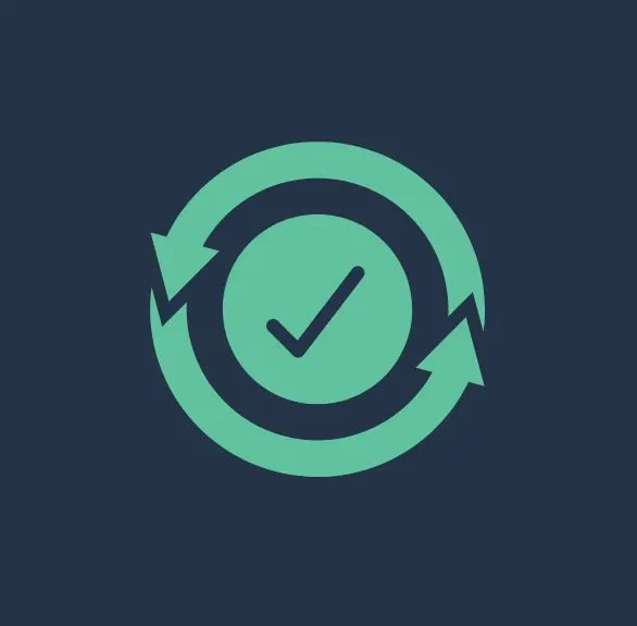 Green check mark within a circular arrow on a dark blue background