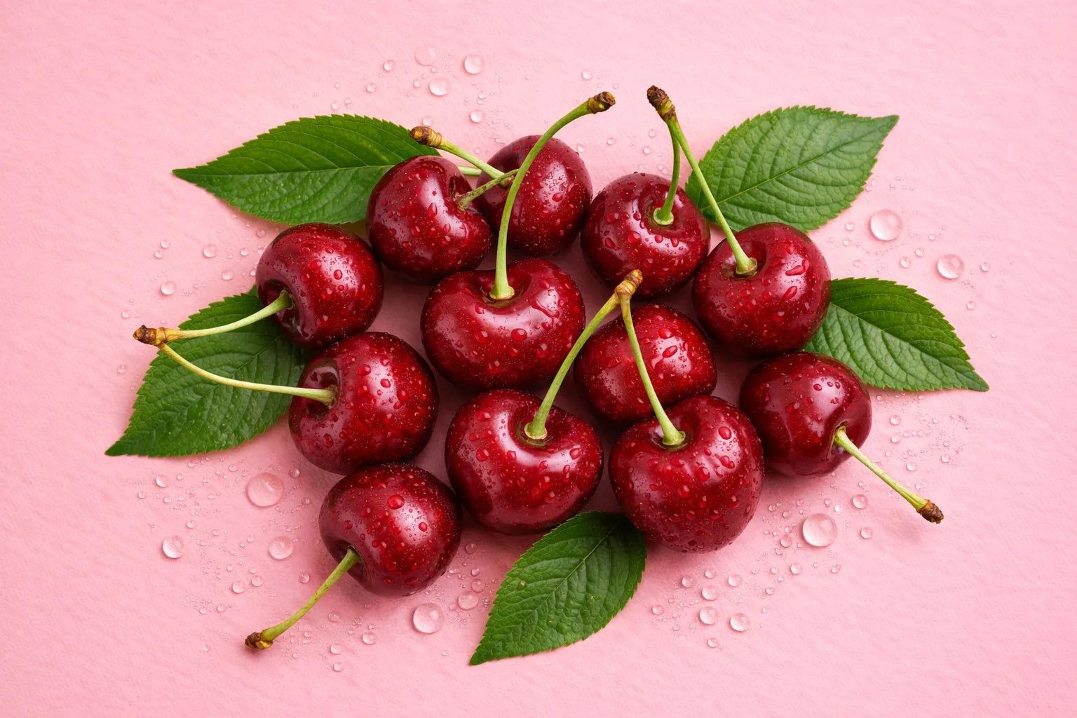 Red cherries with green leaves on a pink background