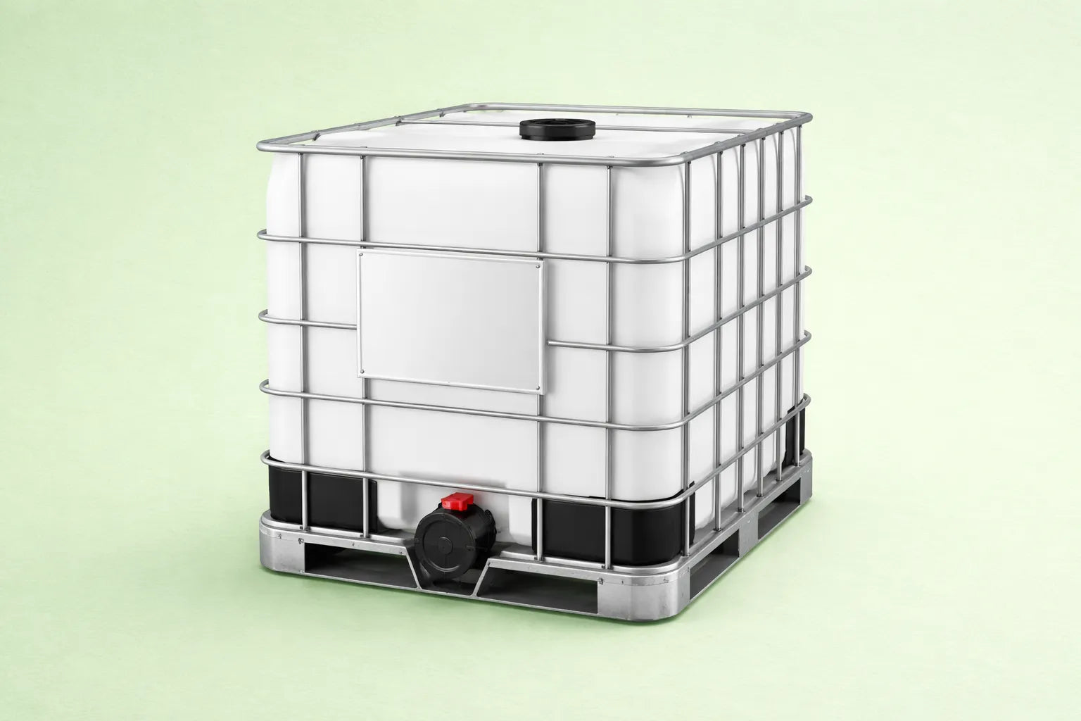 Large white industrial container with black accents on a light green background