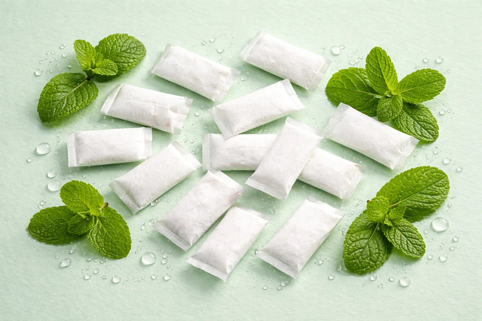 Nicotine pouches with mint leaves on a light green background