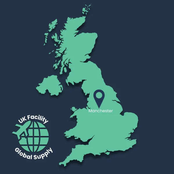 Map of the UK with Manchester highlighted, featuring the 'UK Facility Global Supply' logo.
