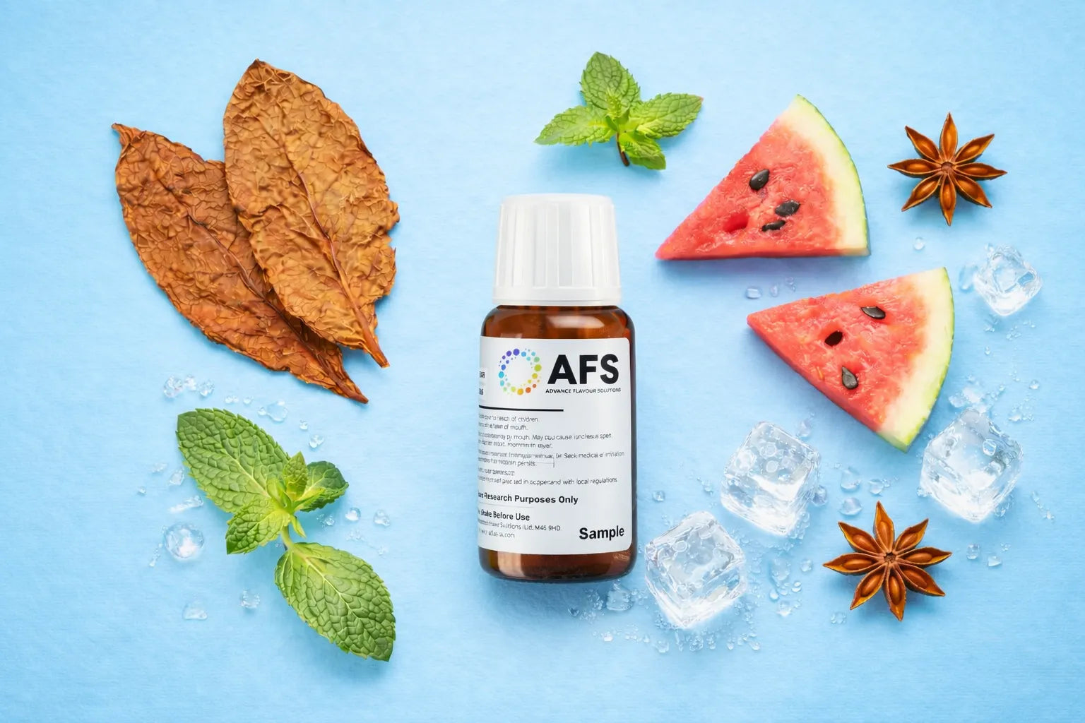Bottle labeled 'AFS' surrounded by watermelon slices, mint leaves, and ice cubes on a blue background