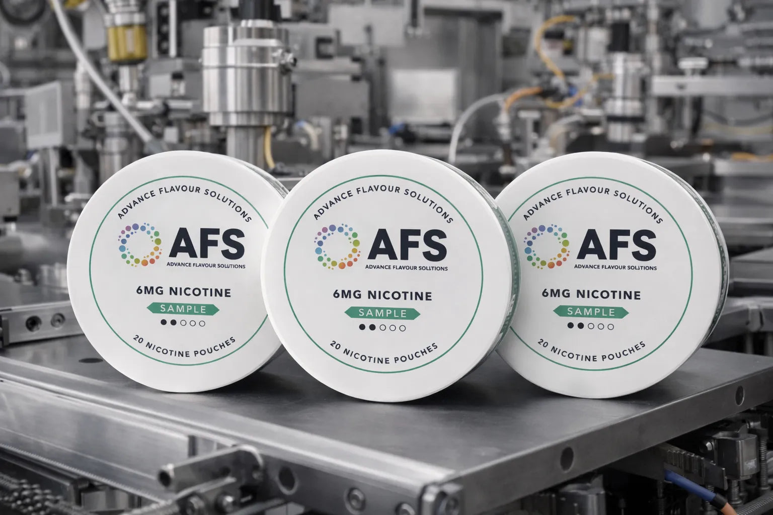 Three nic pouch containers labeled 'AFS' on an industrial background