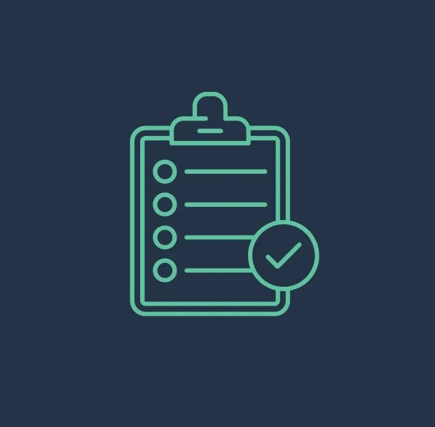 Icon of a clipboard with a checklist and a check mark on a dark blue background