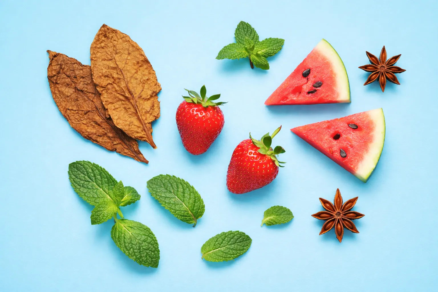 Fruits and leaves on a blue background
