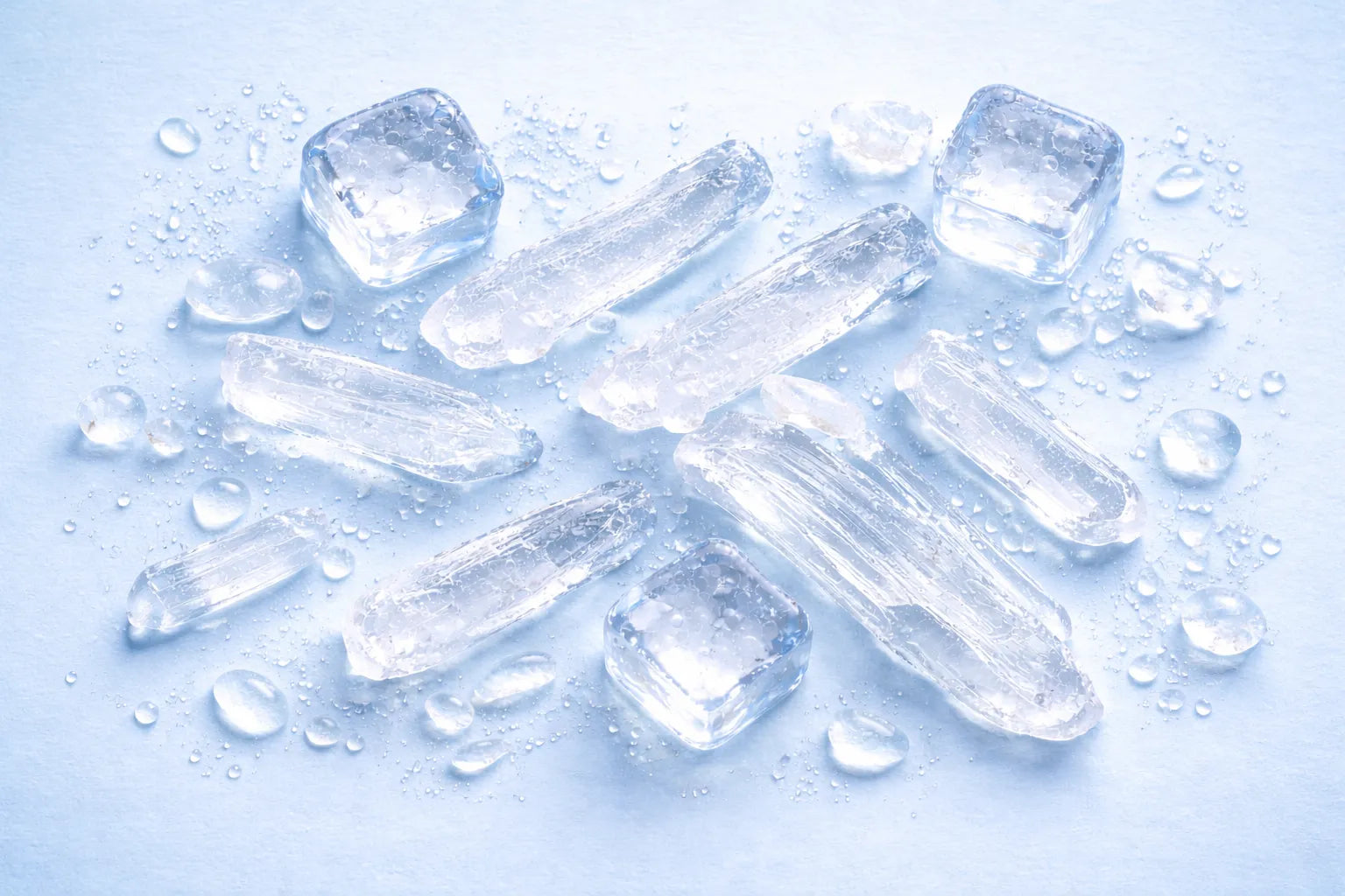 Ice cubes on a light blue background