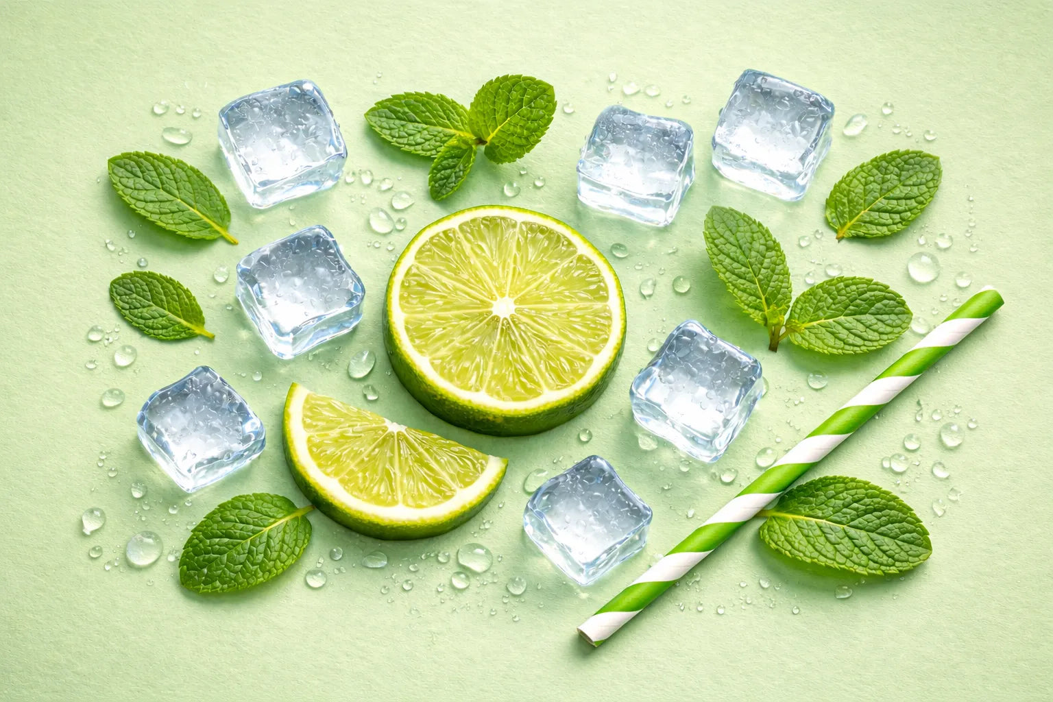 Lime, ice cubs, mint leaves and a straw on a green background