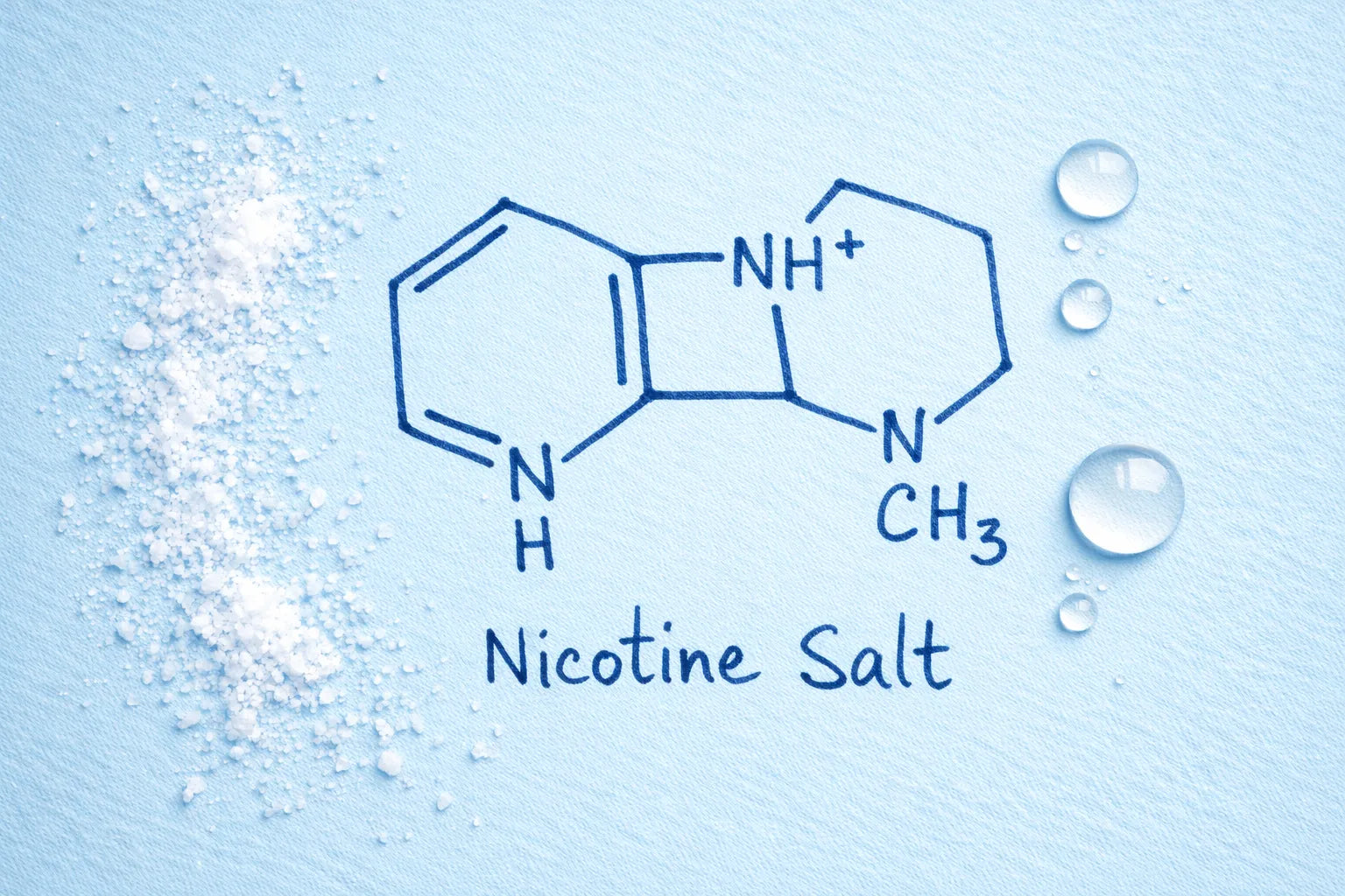 Molecular structure of nicotine salt on a light blue background with salt crystals and water droplets.