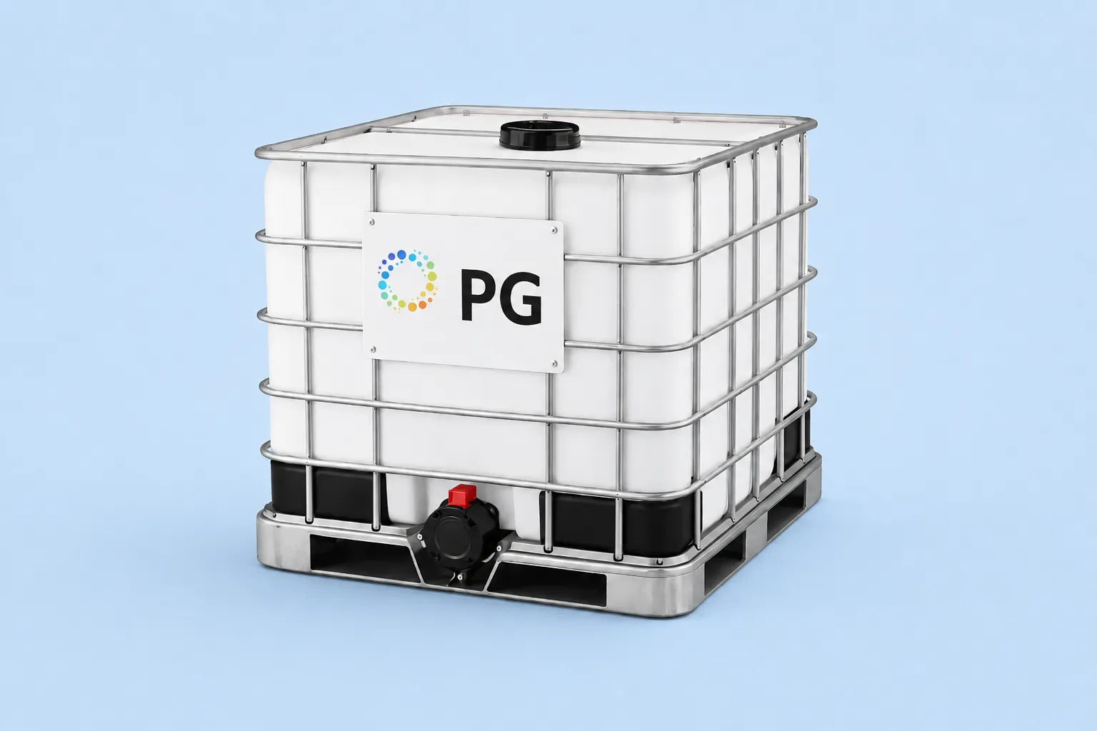 White industrial storage tank with 'PG' logo on a light blue background