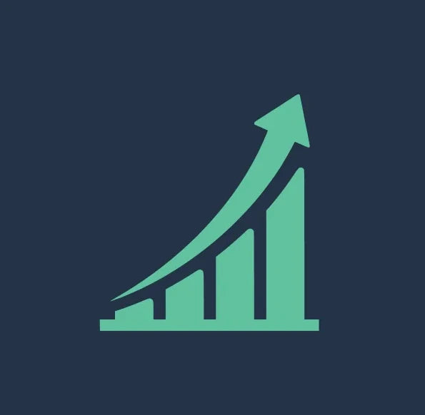 Green bar chart with an upward arrow on a dark blue background