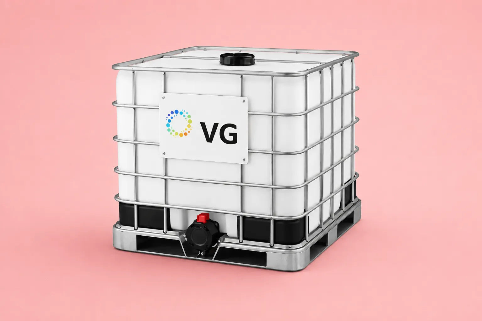 White industrial tank with 'VG' logo on a pink background